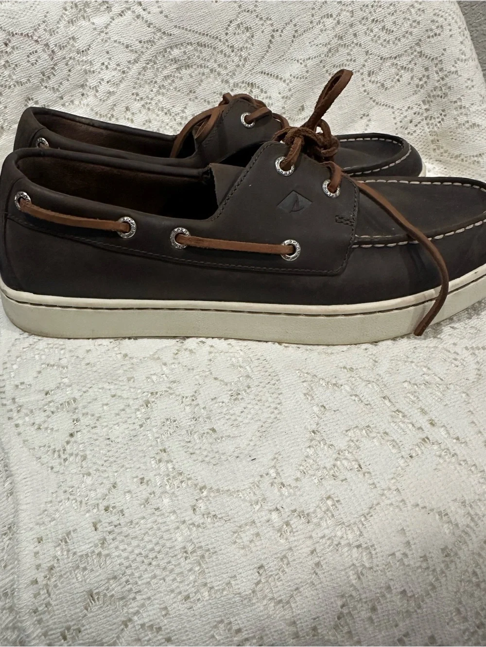 Sperry Dark Brown Leather Moc Toe Boat Shoes with Tan Laces size 11